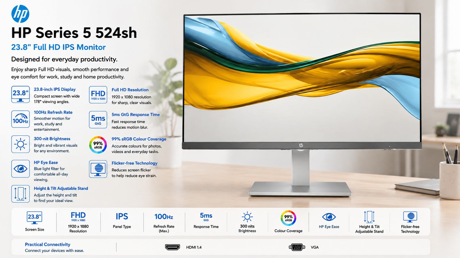 HP Series 5 524sh, HP 23.8-Inch FHD Height-Adjust Monitor, IPS Display, 1920x1080 Resolution, 100Hz Refresh Rate, 5ms GtG, 99% sRGB, HP Eye Ease, HDMI 1.4, VGA, Height/Tilt-Adjustable Stand | 94C20AA